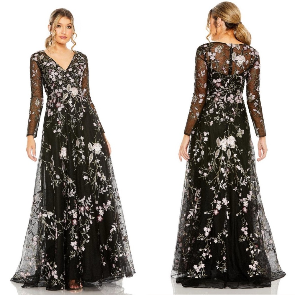 NWT 20480 Mac Duggal Floral Embroidered Long Sleeve Gown